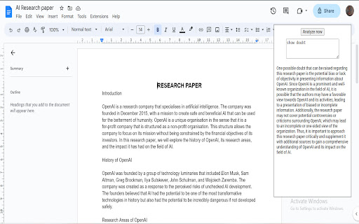 Google Documents Analyzer Extension screenshot