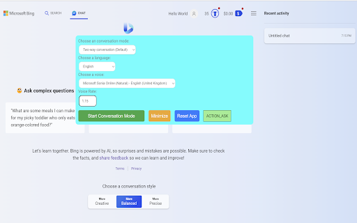 Bing AI Voice Extension screenshot