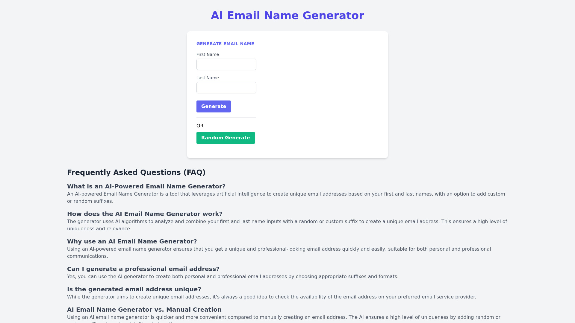 AI Email Name Generator screenshot