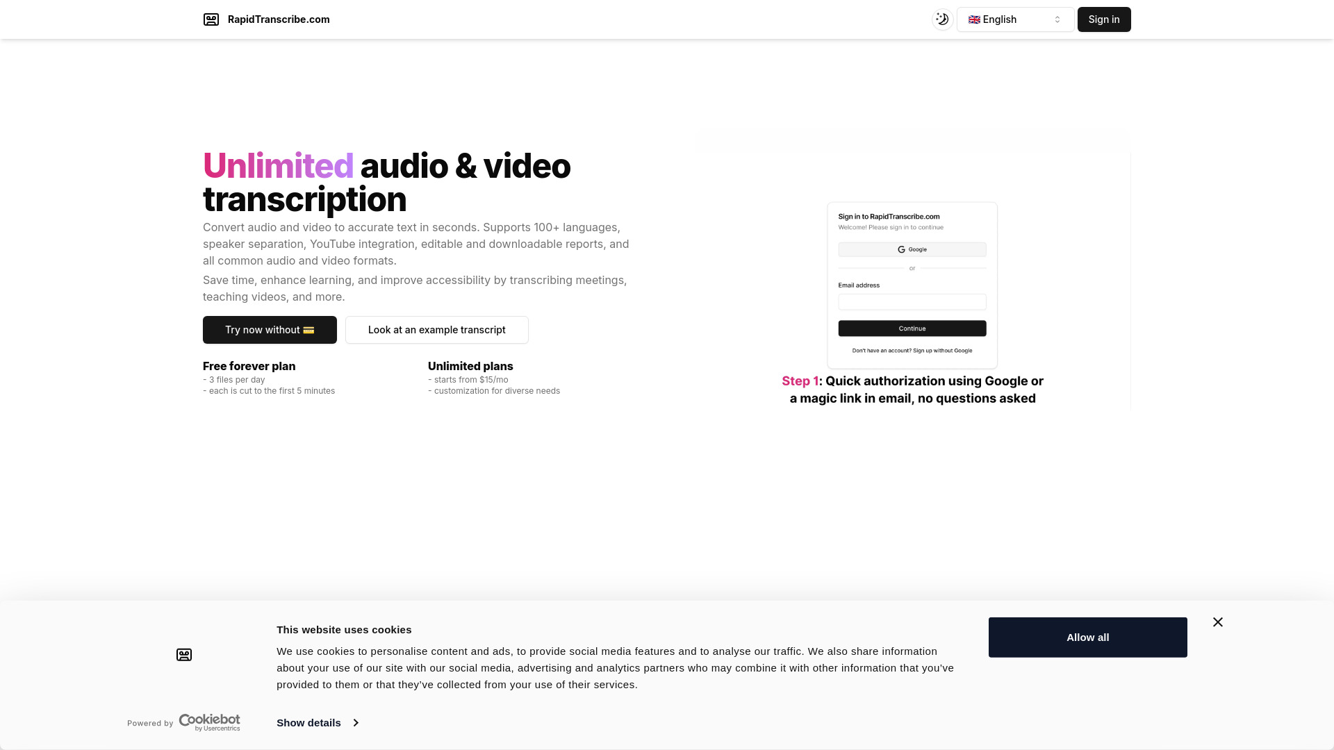 RapidTranscribe.com screenshot