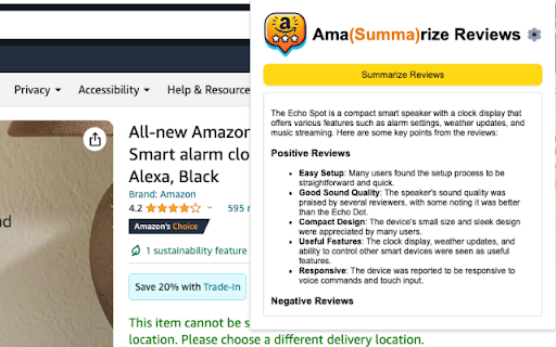 Amazon Review Summarizer Chrome Extension screenshot